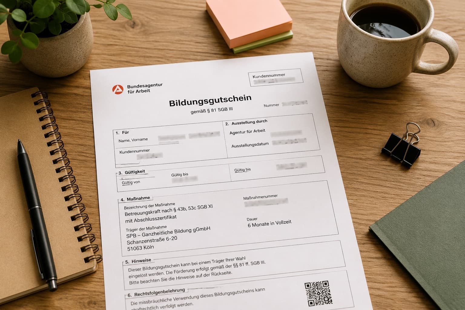 Beispielhafter Bildungsgutschein der Agentur für Arbeit, ausgefüllt für eine Weiterbildung zur Betreuungskraft nach § 43 b SGB XI.