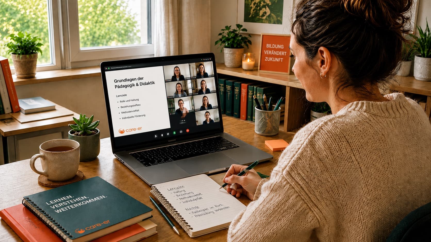 Teilnehmerin am Schreibtisch zu Hause während einer Live-Online-Unterrichtseinheit. Auf dem Laptop sind Folie und Videokachel-Grid sichtbar, daneben ein Notizbuch mit handschriftlichen Notizen, eine Tasse Tee und eine Zimmerpflanze.