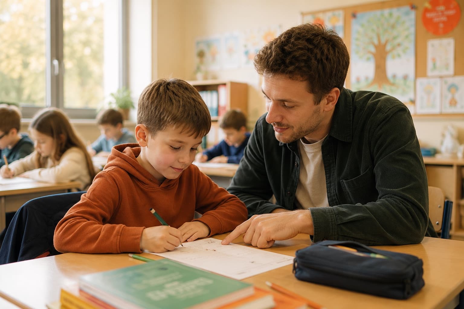 Schulbegleiter sitzt neben einem Grundschulkind im Klassenzimmer und unterstützt es leise bei einer Schreibaufgabe; im Hintergrund weitere Kinder, die selbstständig arbeiten.