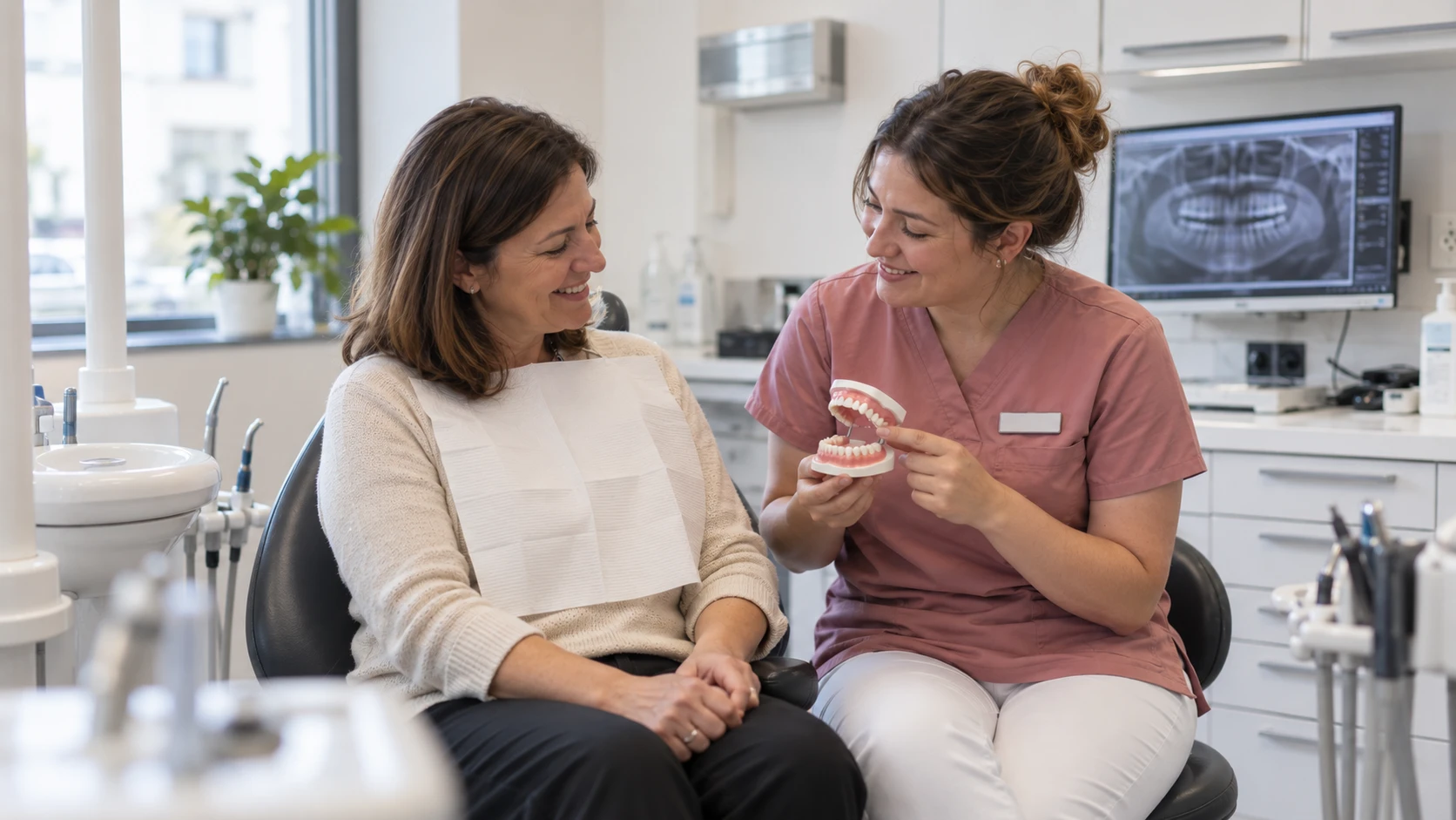 ZFA erklärt einer Patientin im Behandlungsstuhl ein Gebissmodell