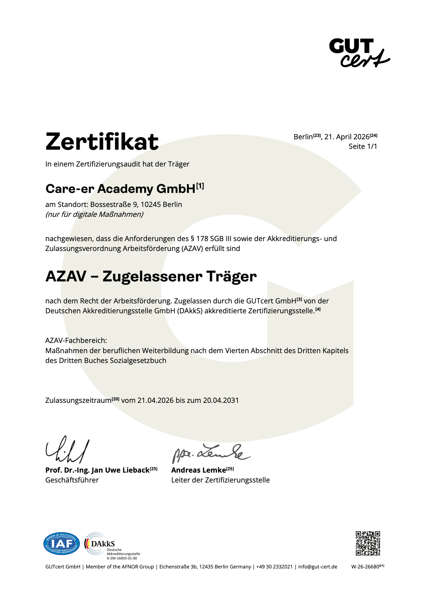 AZAV-Trägerzulassung der Care-er Academy GmbH, Zertifikat-Nr. W-26-26680.