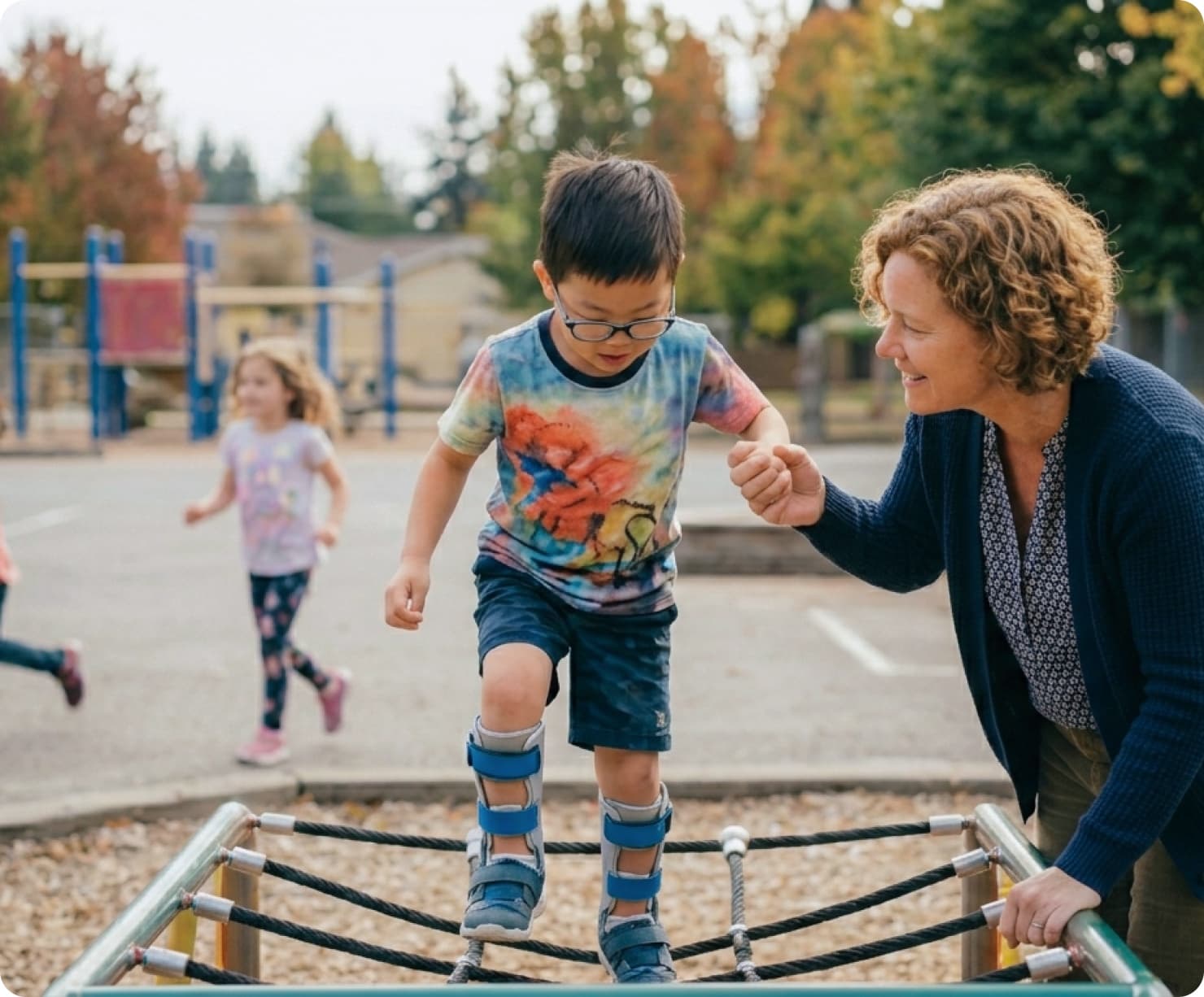 Schulbegleiterin unterstützt Kind auf dem Spielplatz