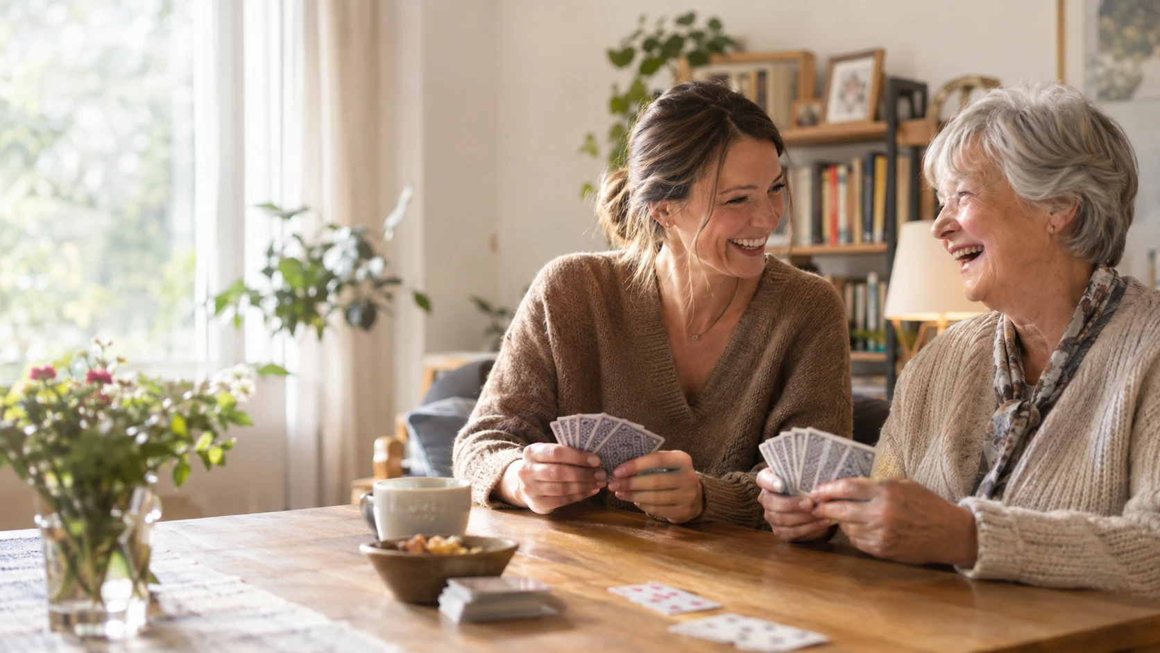 Betreuungskraft spielt mit einer älteren Dame Karten am Küchentisch