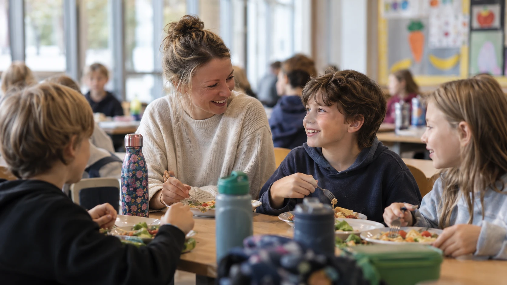 Schulbegleiterin beim Mittagessen mit Kindern